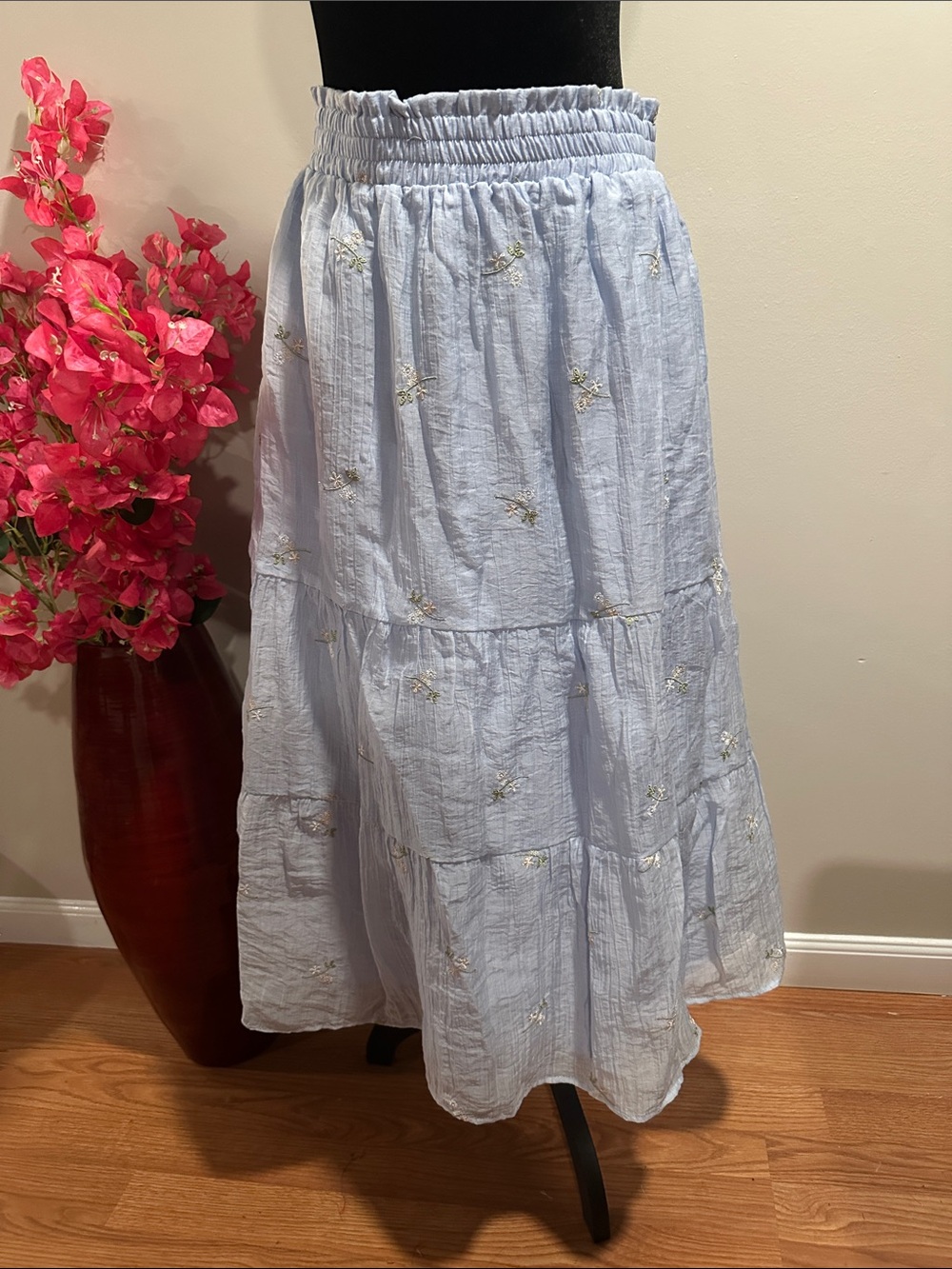 Light Blue Tiered Midi Skirt with Floral Embroidery